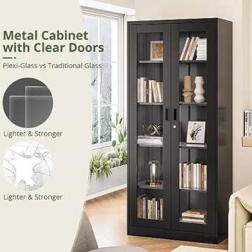 NODHM 71In Display Cabinet with 2 Glass Doors, 5 Tier Curio, Metal Storage Cabinet with Lock & 4 Adjustable Shelves, Tall Front Bookshelf Decor for Study/Bedroom/Pantry (Black)