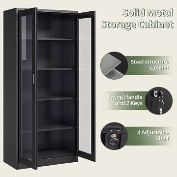 NODHM 71In Display Cabinet with 2 Glass Doors, 5 Tier Curio, Metal Storage Cabinet with Lock & 4 Adjustable Shelves, Tall Front Bookshelf Decor for Study/Bedroom/Pantry (Black)