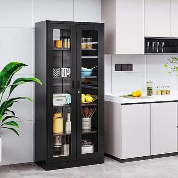 NODHM 71In Display Cabinet with 2 Glass Doors, 5 Tier Curio, Metal Storage Cabinet with Lock & 4 Adjustable Shelves, Tall Front Bookshelf Decor for Study/Bedroom/Pantry (Black)