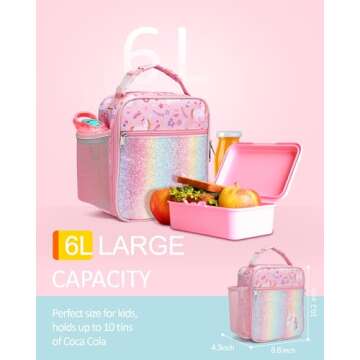 Bagseri Kids Lunch Box - Insulated Lunch Bag for Girls, Glittery Unicorn Design