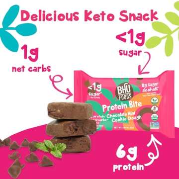 Bhu Foods Keto Bites, Mint Chocolate Chip Cookie Dough, Organic Snacks for Adults & Kids, Gluten Free, Vegan, Low Carb & Sugar, Individually Wrapped (2 Pack)