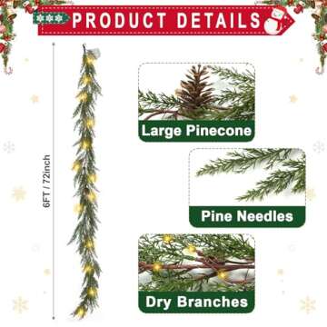 6 Ft Christmas Garland with Lights, 30 Warm Lights with 8 Modes,Prelit Christmas Garland with Pine Cones,Christmas Garland for Mantle, Ceadr Garlands Realistic,Outdoor Indoor Christmas Decorations