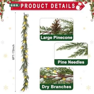 6 Ft Christmas Garland with Lights, 30 Warm Lights with 8 Modes,Prelit Christmas Garland with Pine Cones,Christmas Garland for Mantle, Ceadr Garlands Realistic,Outdoor Indoor Christmas Decorations