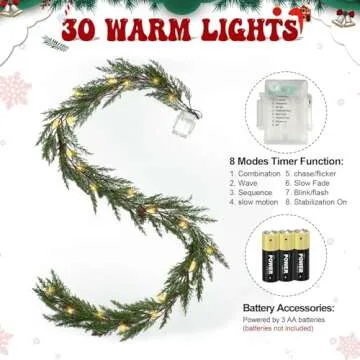 6 Ft Christmas Garland with Lights, 30 Warm Lights with 8 Modes,Prelit Christmas Garland with Pine Cones,Christmas Garland for Mantle, Ceadr Garlands Realistic,Outdoor Indoor Christmas Decorations