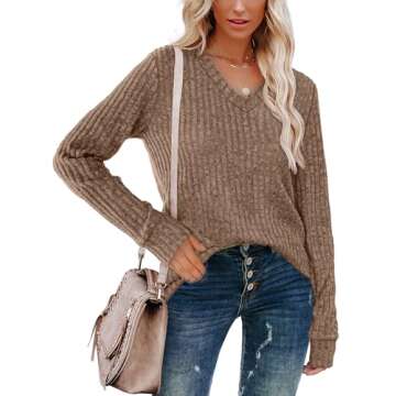 SAMPEEL Tunic Tops to Wear with Leggings V Neck Fall Sweaters Layering Long Sleeve Shirts 2024 Brown 2XL