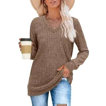 SAMPEEL Tunic Tops to Wear with Leggings V Neck Fall Sweaters Layering Long Sleeve Shirts 2024 Brown 2XL