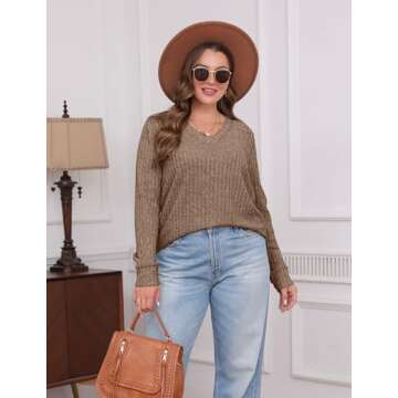 SAMPEEL Tunic Tops to Wear with Leggings V Neck Fall Sweaters Layering Long Sleeve Shirts 2024 Brown 2XL