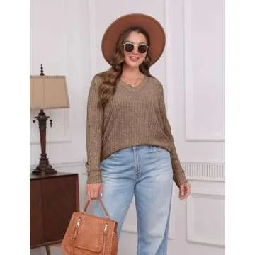 SAMPEEL Tunic Tops to Wear with Leggings V Neck Fall Sweaters Layering Long Sleeve Shirts 2024 Brown 2XL