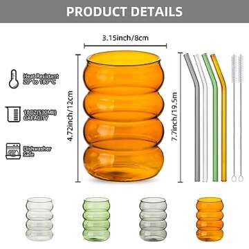 18 oz Colored Glassware Drinking, Creative Glass Cups With Straws of 4 Set, Ribbed Glassware, Can Shaped Glass Cups, For Juice, Water, Drinks, Cocktails, 4 Colors (Green, Amber, Gray and Clear )