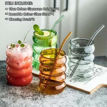 18 oz Colored Glassware Drinking, Creative Glass Cups With Straws of 4 Set, Ribbed Glassware, Can Shaped Glass Cups, For Juice, Water, Drinks, Cocktails, 4 Colors (Green, Amber, Gray and Clear )