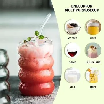 18 oz Colored Glassware Drinking, Creative Glass Cups With Straws of 4 Set, Ribbed Glassware, Can Shaped Glass Cups, For Juice, Water, Drinks, Cocktails, 4 Colors (Green, Amber, Gray and Clear )