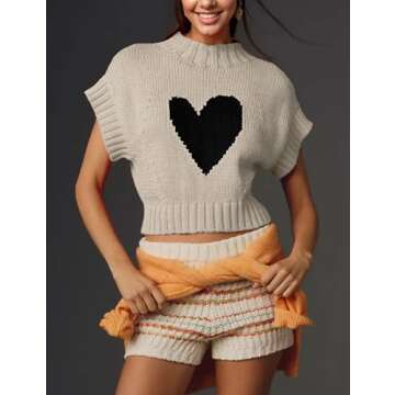 TAQCUX Cap Sleeve Sweater Tank Tops for Women Mock Neck Sweater Vest Cute Heart Knit Cropped Pullover Top