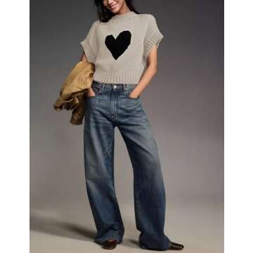 TAQCUX Cap Sleeve Sweater Tank Tops for Women Mock Neck Sweater Vest Cute Heart Knit Cropped Pullover Top