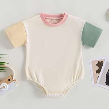 WALLARENEAR Bubble Romper Newborn Baby Boy Girl Solid Color/Color Block Bodysuit Short Sleeve Sweatshirt Romper Summer Clothes (Color Block Pink Collar, 0-3 Months)