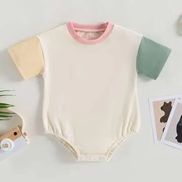 WALLARENEAR Bubble Romper Newborn Baby Boy Girl Solid Color/Color Block Bodysuit Short Sleeve Sweatshirt Romper Summer Clothes (Color Block Pink Collar, 0-3 Months)