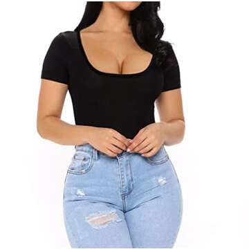 YIANNA Bodysuit for Women Tummy Control Shapewear Seamless Short Sleeve Square Neck Thong Sculpting Body Shaper,YA5253-Black-XXS/XS