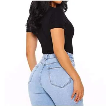 YIANNA Bodysuit for Women Tummy Control Shapewear Seamless Short Sleeve Square Neck Thong Sculpting Body Shaper,YA5253-Black-XXS/XS