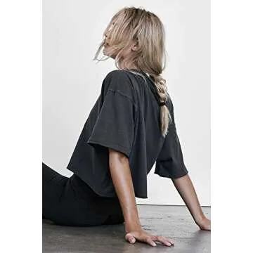 Women's Oversize Crop Tops Crew Neck Soft Half Sleeve T-Shirts Roll Hem Basic Workout Yoga Athletic Running Tee Shirt Black XL