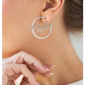 Bride Earrings Hoops | Bachelorette Party Accessories | Fun Bride Hoop Earrings I Bachelorette Gifts Earrings for Bride Bachelorette Accessories (Silver)