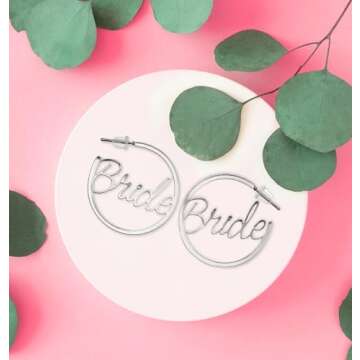 Bride Earrings Hoops | Bachelorette Party Accessories | Fun Bride Hoop Earrings I Bachelorette Gifts Earrings for Bride Bachelorette Accessories (Silver)