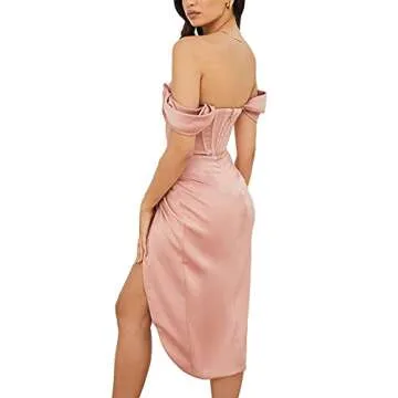 Womens Off Shoulder Corset Satin Bodycon Party Dress