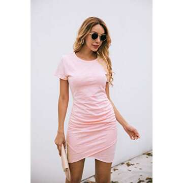 ECOWISH Women's Casual Crew Neck Short Ruched Bodycon Irregular Hem Mini Dress
