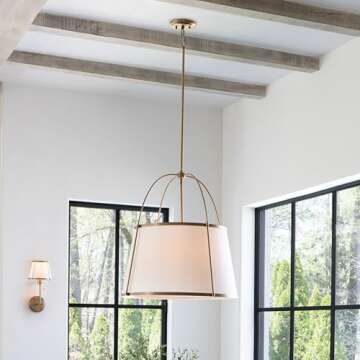 Hinkley Clarke Large Drum Pendant - Off-White Linen Shade, 1-6" and 2-12" Down Rods, Even or Sloped Ceilings - Lacquered Dark Brass Finish