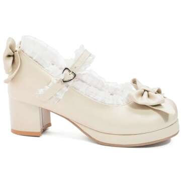 LUXMAX Women Kawaii Mid Block Heel Mary Jane Rockabilly Pumps with Bow Platform Chunky Heel Cute Sweet Shoes