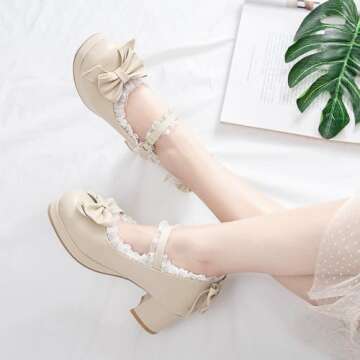 LUXMAX Women Kawaii Mid Block Heel Mary Jane Rockabilly Pumps with Bow Platform Chunky Heel Cute Sweet Shoes