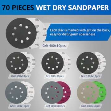 70 Pieces Wet Dry Sanding Discs, VIBRATITE 5 Inch 8 Holes Hook and Loop Sandpaper 400/600/800/1000/1500/2000/3000 Assortment Grits for Orbital Sander Automotive Wood Metal Plastic Sanding Polishing