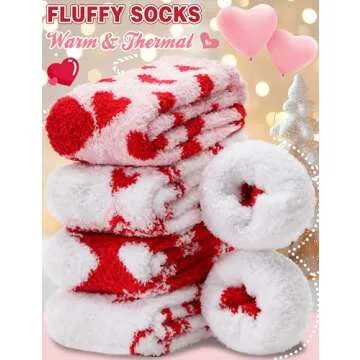 Valentines Day Gifts for Her Fuzzy Socks for Women Galentines Day Gifts Fluffy Warm Cozy Winter Slipper Thick Crew Fleece Comfy Sleep Plush Heart Socks 5 Pairs Stocking Stuffers (Red/White Love,M)