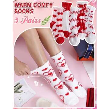 Valentines Day Gifts for Her Fuzzy Socks for Women Galentines Day Gifts Fluffy Warm Cozy Winter Slipper Thick Crew Fleece Comfy Sleep Plush Heart Socks 5 Pairs Stocking Stuffers (Red/White Love,M)