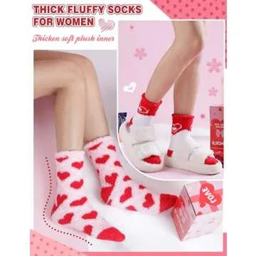 Valentines Day Gifts for Her Fuzzy Socks for Women Galentines Day Gifts Fluffy Warm Cozy Winter Slipper Thick Crew Fleece Comfy Sleep Plush Heart Socks 5 Pairs Stocking Stuffers (Red/White Love,M)