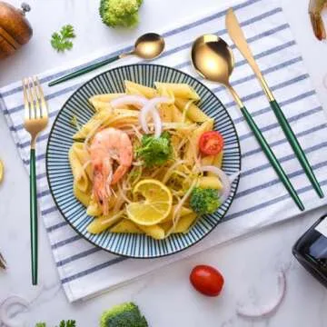 AARAINBOW 8 Pieces Stainless Steel Flatware Set Portable Reusable Cutlery Set Travel Utensils Set Including Chopsticks Knife Fork Spoon Straws Cleaning Brush Dishwasher Safe (Green Golden)