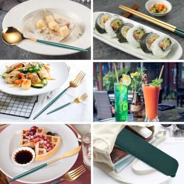 AARAINBOW 8 Pieces Stainless Steel Flatware Set Portable Reusable Cutlery Set Travel Utensils Set Including Chopsticks Knife Fork Spoon Straws Cleaning Brush Dishwasher Safe (Green Golden)