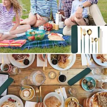 AARAINBOW 8 Pieces Stainless Steel Flatware Set Portable Reusable Cutlery Set Travel Utensils Set Including Chopsticks Knife Fork Spoon Straws Cleaning Brush Dishwasher Safe (Green Golden)