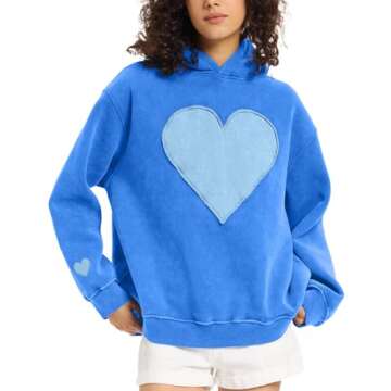 FAIABLE Womens Oversized Hoodie Heart Patch - Vintage Heavyweight Fleece Pullover