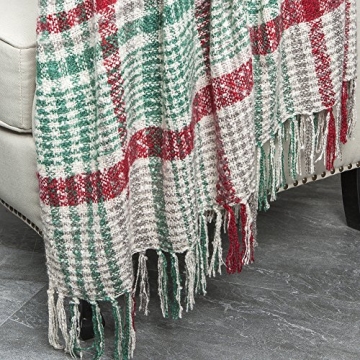 LALIFIT Christmas Home Decor Super Soft Vintage Fluffy Plaid Throw Blanket-100% Acrylic Cashmere-like- Bedspread Picnic Tailgate Stadium RV Camping Blanket with Fringe,50in W x 67in L (Green/Red)