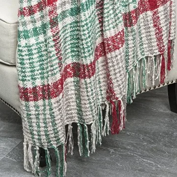 LALIFIT Christmas Home Decor Super Soft Vintage Fluffy Plaid Throw Blanket-100% Acrylic Cashmere-like- Bedspread Picnic Tailgate Stadium RV Camping Blanket with Fringe,50in W x 67in L (Green/Red)