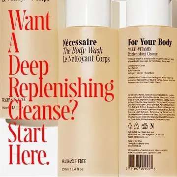 Nécessaire The Body Wash Fragrance-Free - Replenishing Oil-In-Gel Cleanse with Niacinamide, Vitamin C/E + Omega 6/9. Dermatologist-Tested. Non-Comedogenic. Allure Award Winner. 250 ml / 8.4 fl oz.