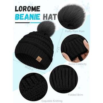 Winter Hat Scarf Gloves and Ear Warmer, Knit Warm Beanie Hat Touch Screen Gloves Long Knitted Plaid Scarf Set Gifts for Women