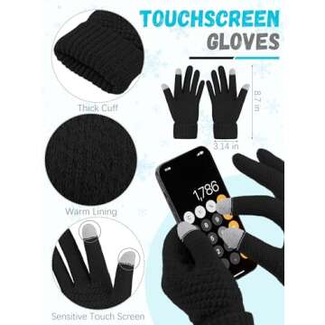 Winter Hat Scarf Gloves and Ear Warmer, Knit Warm Beanie Hat Touch Screen Gloves Long Knitted Plaid Scarf Set Gifts for Women