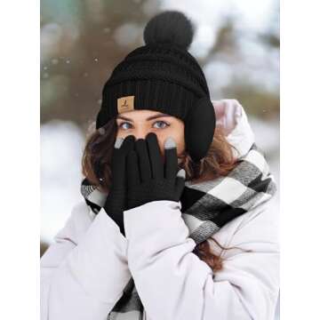 Winter Hat Scarf Gloves and Ear Warmer, Knit Warm Beanie Hat Touch Screen Gloves Long Knitted Plaid Scarf Set Gifts for Women