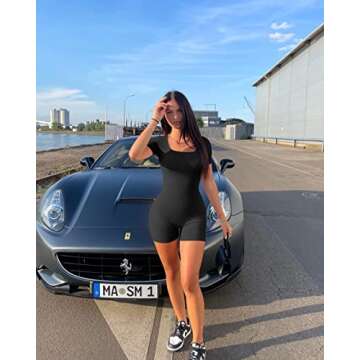 OQQ Women's Yoga Workout Ribbed Short Sleeve Sport Romper, Black, Medium