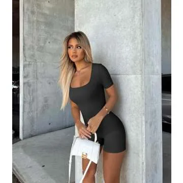 OQQ Women's Yoga Workout Ribbed Short Sleeve Sport Romper, Black, Medium