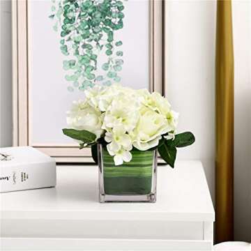 Fule Artificial Silk Rose Flower Centerpiece Arrangement in vase for Home Wedding Decoration (Spring White)