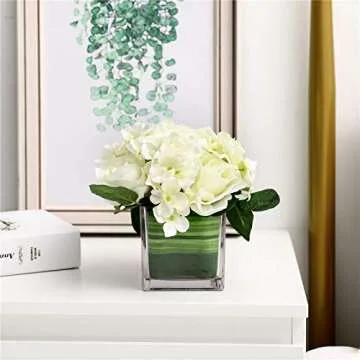 Fule Artificial Silk Rose Flower Centerpiece Arrangement in vase for Home Wedding Decoration (Spring White)