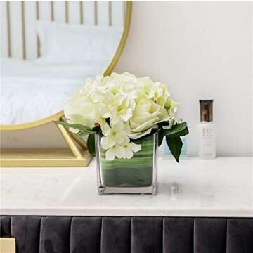 Fule Artificial Silk Rose Flower Centerpiece Arrangement in vase for Home Wedding Decoration (Spring White)