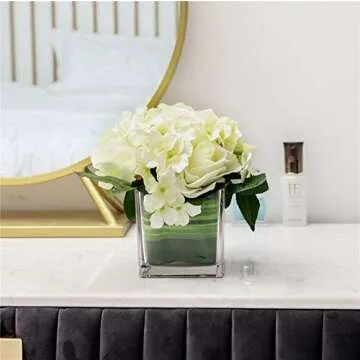 Fule Artificial Silk Rose Flower Centerpiece Arrangement in vase for Home Wedding Decoration (Spring White)