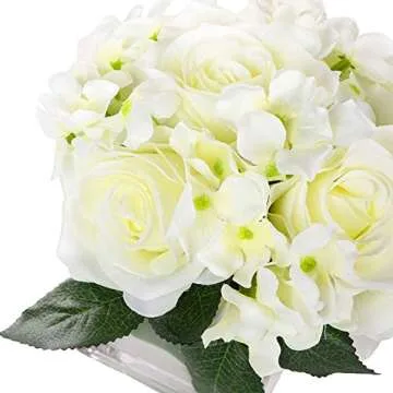 Fule Artificial Silk Rose Flower Centerpiece Arrangement in vase for Home Wedding Decoration (Spring White)